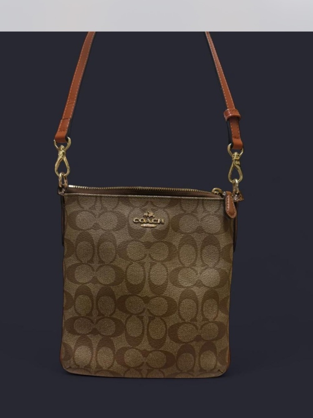 Coach Brown Signature  Crossbody with Tan Leather Strap